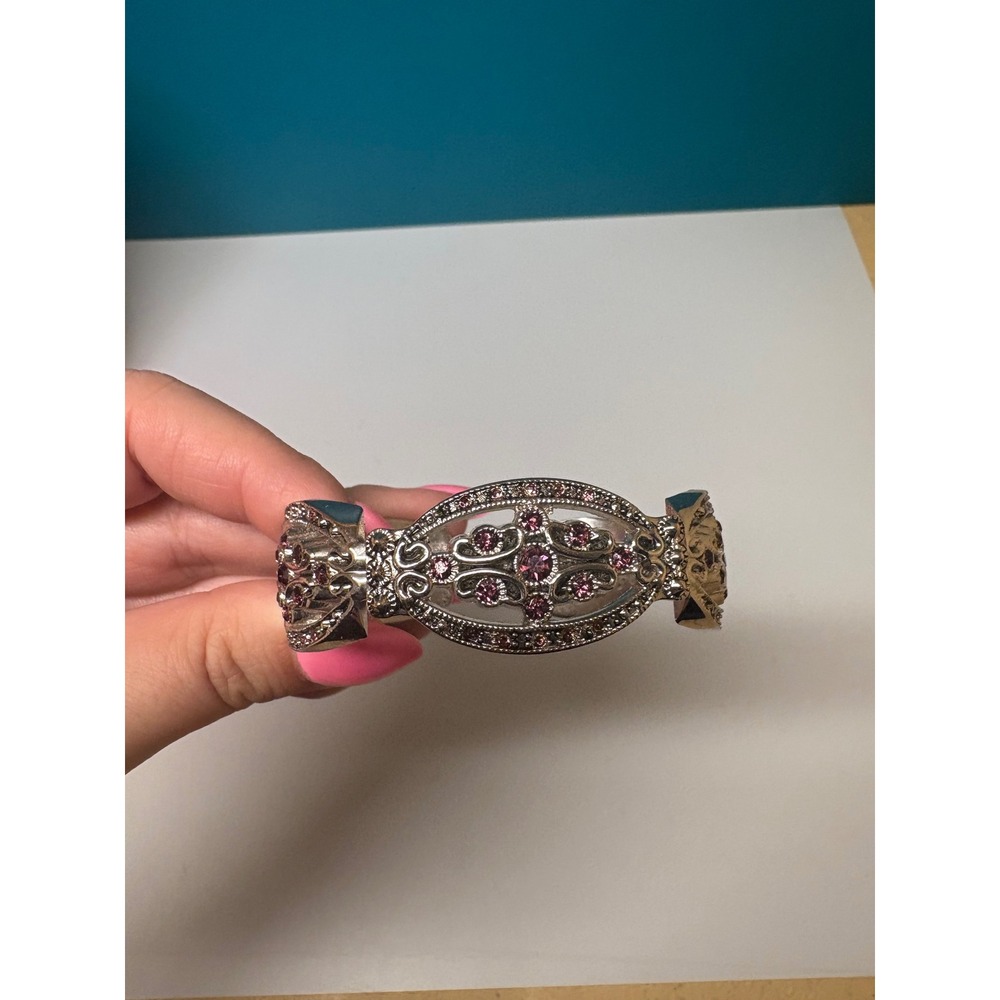 Vintage Style Silver Tone Filigree Cuff Bracelet Purple Rhinestone Hinged